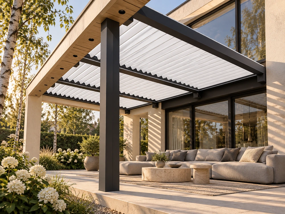 b500 — поворотные ламели над диванной зоной у дома (биоклиматические перголы)